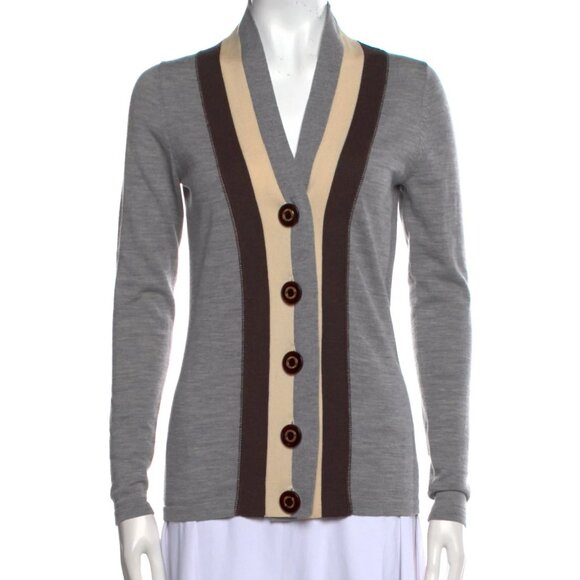 tory burch (very thom browne!) merino wool xs gray brown blokecore cardigan - Picture 1 of 7